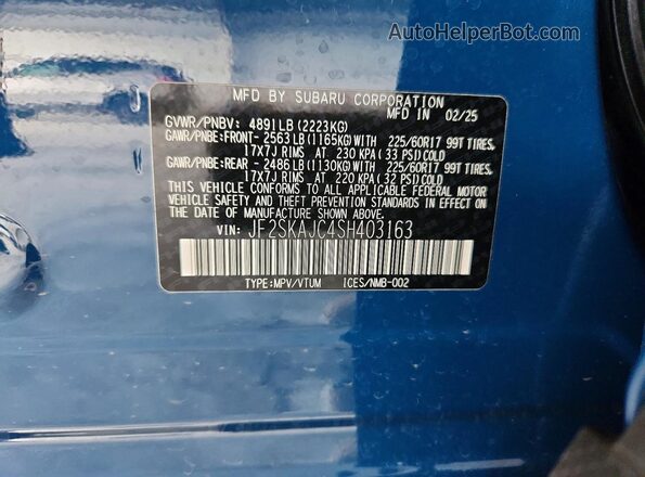 JF2SKAJC4SH403163 2025 SUBARU FORESTER Синий Вид наклейки с VIN-кодом