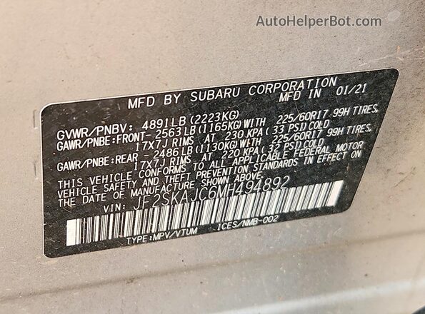JF2SKAJC6MH494892 2021 SUBARU FORESTER Silver VIN sticker view