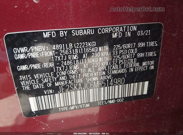 JF2SKAJC6MH514980 2021 SUBARU FORESTER Red Vista del compartimento del motor