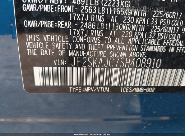 JF2SKAJC7SH408910 2025 SUBARU FORESTER Blue Вид підкапотного простору