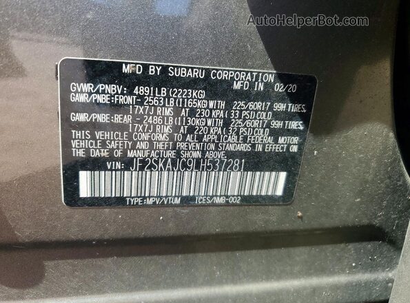 JF2SKAJC9LH537281 2020 SUBARU FORESTER Серый 