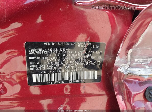 JF2SKAJC9MH471395 2021 SUBARU FORESTER Red Շարժիչի բաժամունքի տեսք