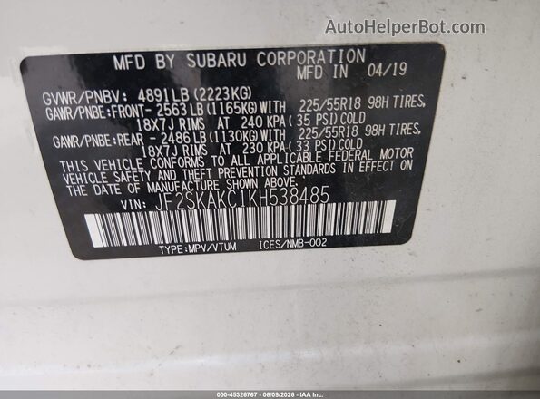 JF2SKAKC1KH538485 2019 SUBARU FORESTER White ძრავის განყოფილების ხედი