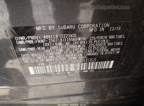 JF2SKAKCXKH484068 2019 SUBARU FORESTER Gray ძრავის განყოფილების ხედი