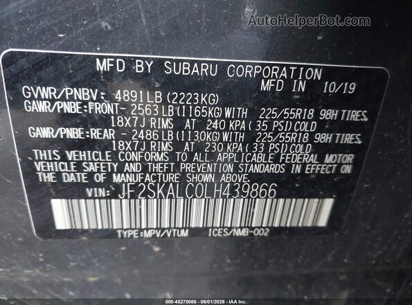 JF2SKALC0LH439866 2020 SUBARU FORESTER Gray Շարժիչի բաժամունքի տեսք