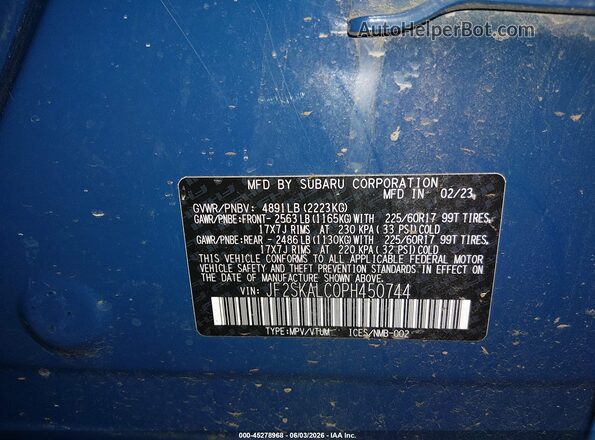 JF2SKALC0PH450744 2023 SUBARU FORESTER Blue Շարժիչի բաժամունքի տեսք