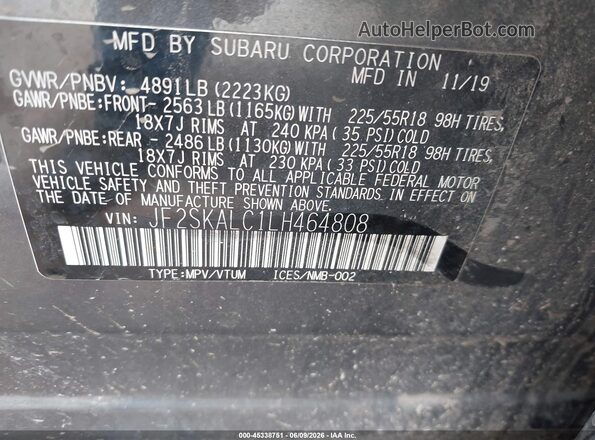JF2SKALC1LH464808 2020 SUBARU FORESTER Gray Vista del compartimento del motor