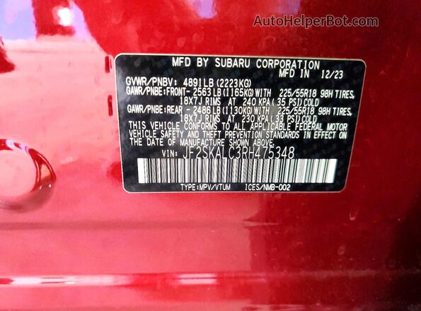 JF2SKALC3RH475348 2024 SUBARU FORESTER Red Widok naklejki z numerem VIN