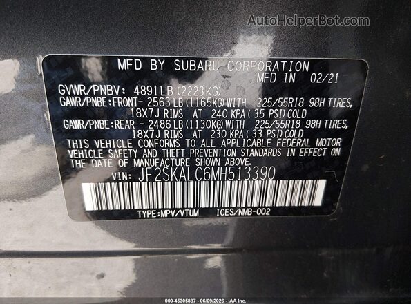 JF2SKALC6MH513390 2021 SUBARU FORESTER Gray ძრავის განყოფილების ხედი
