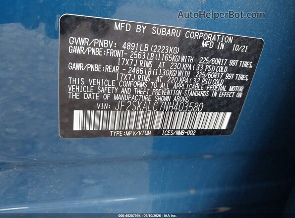 JF2SKALC7NH403580 2022 SUBARU FORESTER Blue 