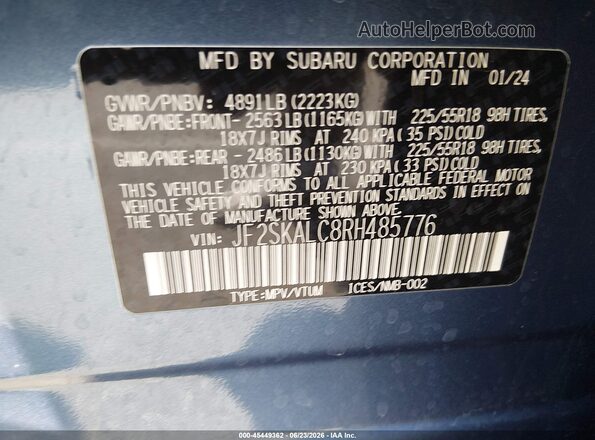 JF2SKALC8RH485776 2024 SUBARU FORESTER Blue Շարժիչի բաժամունքի տեսք