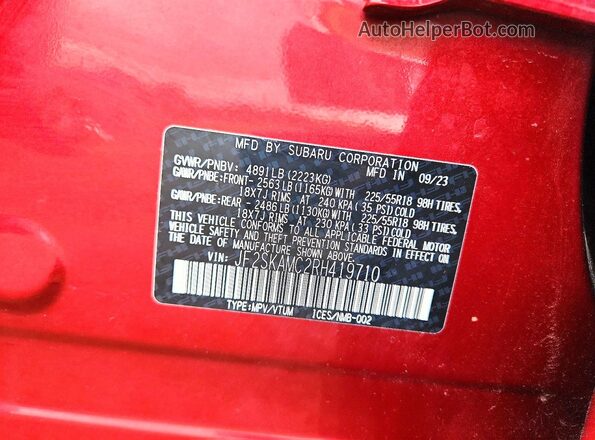 JF2SKAMC2RH419710 2024 SUBARU FORESTER Темно-бордовый Вид наклейки с VIN-кодом