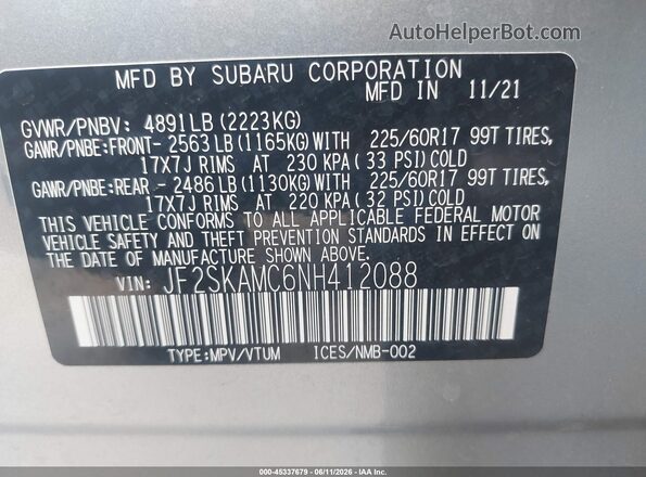JF2SKAMC6NH412088 2022 SUBARU FORESTER Silver Vista del compartimento del motor