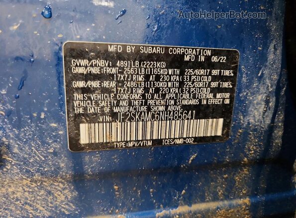 JF2SKAMC6NH485641 2022 SUBARU FORESTER Blue VIN კოდის სტიკერის ხედი