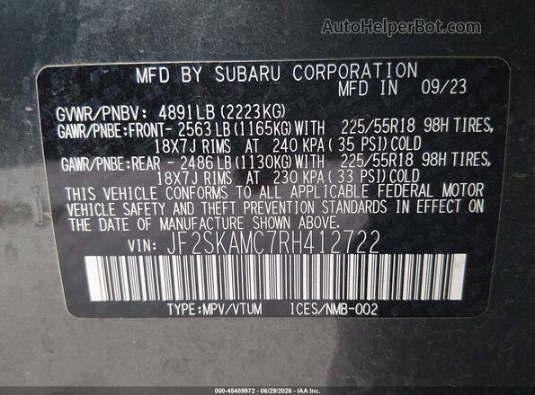 JF2SKAMC7RH412722 2024 SUBARU FORESTER Gray Вид підкапотного простору