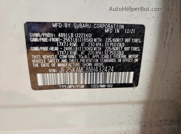JF2SKAMC8NH432424 2022 SUBARU FORESTER White VIN կոդի պիտակի տեսք