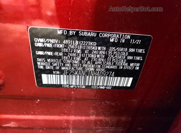 JF2SKANC1NH409274 2022 SUBARU FORESTER Темно-бордовый Панорамный вид салона 360°