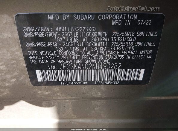 JF2SKANC2NH493282 2022 SUBARU FORESTER Green Вид підкапотного простору