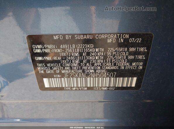 JF2SKANC2NH504507 2022 SUBARU FORESTER Blue Vista del compartimento del motor