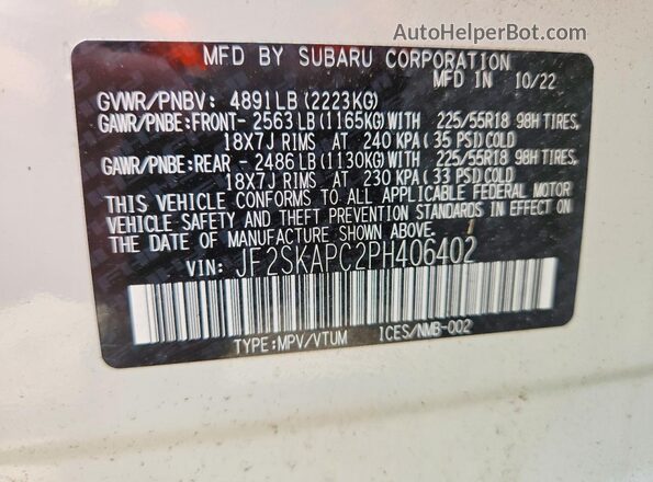 JF2SKAPC2PH406402 2023 SUBARU FORESTER Белый Вид наклейки с VIN-кодом