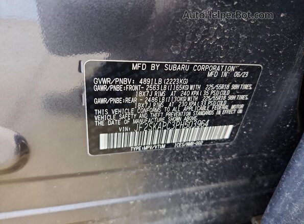 JF2SKAPC3PH503964 2023 SUBARU FORESTER Gray Vista de la etiqueta del VIN