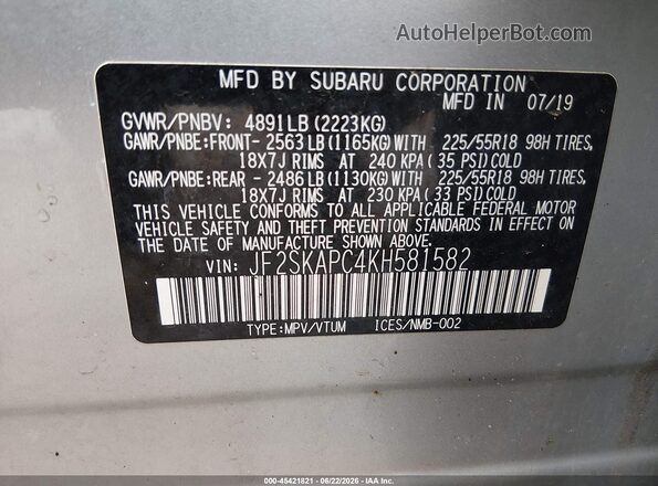 JF2SKAPC4KH581582 2019 SUBARU FORESTER White Շարժիչի բաժամունքի տեսք