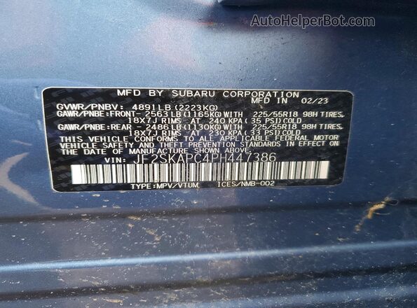 JF2SKAPC4PH447386 2023 SUBARU FORESTER Blue Widok naklejki z numerem VIN