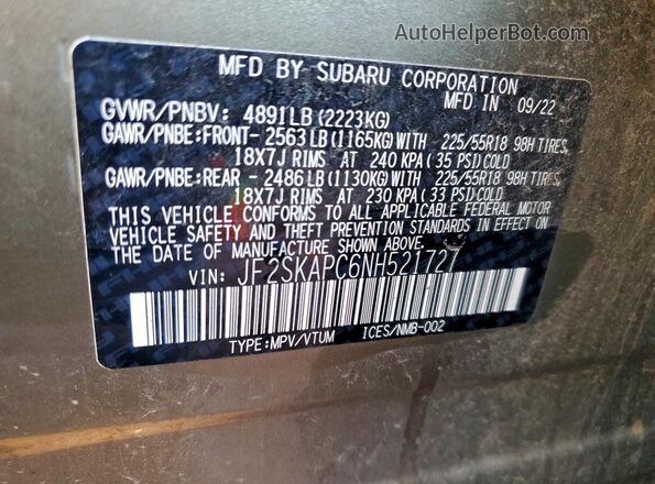JF2SKAPC6NH521727 2022 SUBARU FORESTER Green VIN կոդի պիտակի տեսք