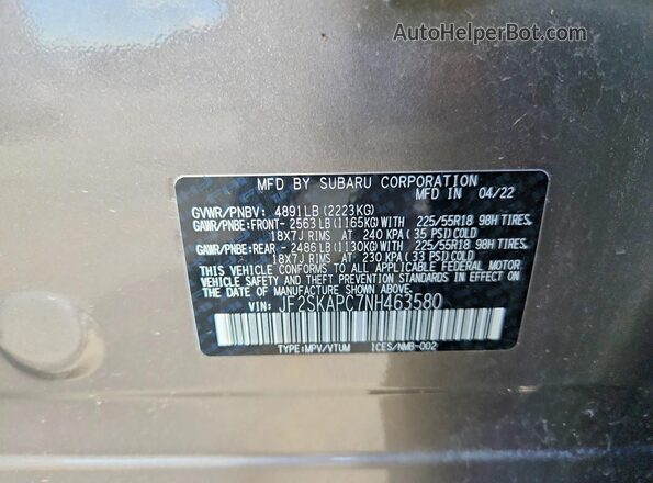 JF2SKAPC7NH463580 2022 SUBARU FORESTER Brown VIN კოდის სტიკერის ხედი