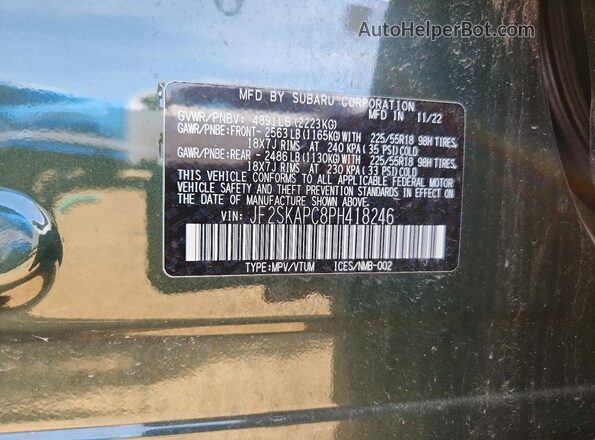 JF2SKAPC8PH418246 2023 SUBARU FORESTER Green Widok naklejki z numerem VIN