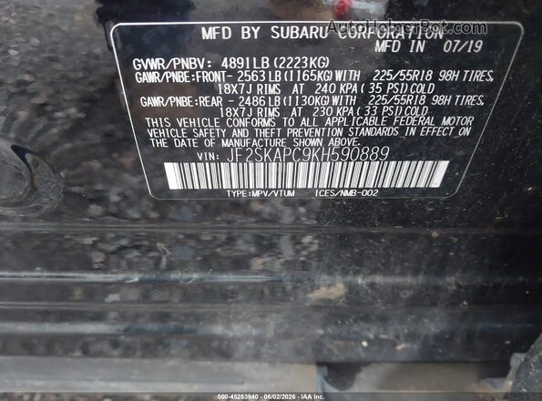 JF2SKAPC9KH590889 2019 SUBARU FORESTER Black ძრავის განყოფილების ხედი