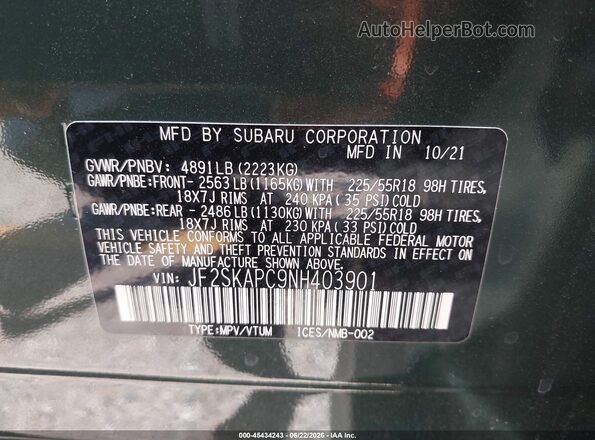 JF2SKAPC9NH403901 2022 SUBARU FORESTER Green Вид підкапотного простору