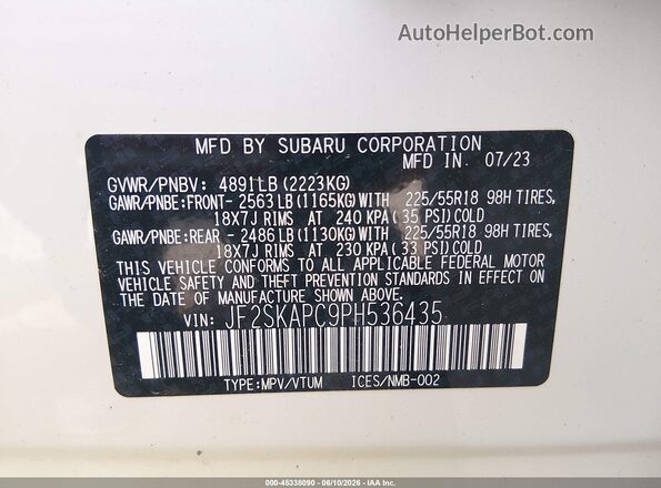 JF2SKAPC9PH536435 2023 SUBARU FORESTER White Engine compartment view