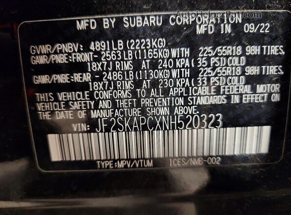 JF2SKAPCXNH520323 2022 SUBARU FORESTER Черный Панорамный вид салона 360°