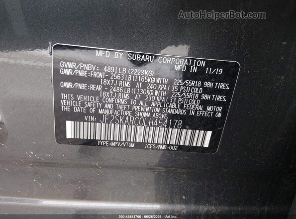 JF2SKARC0LH454178 2020 SUBARU FORESTER Gray ძრავის განყოფილების ხედი
