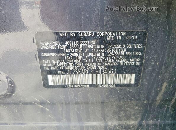 JF2SKARC2LH434563 2020 SUBARU FORESTER Gray VIN կոդի պիտակի տեսք
