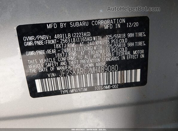 JF2SKARC2MH489080 2021 SUBARU FORESTER Silver Vista del compartimento del motor