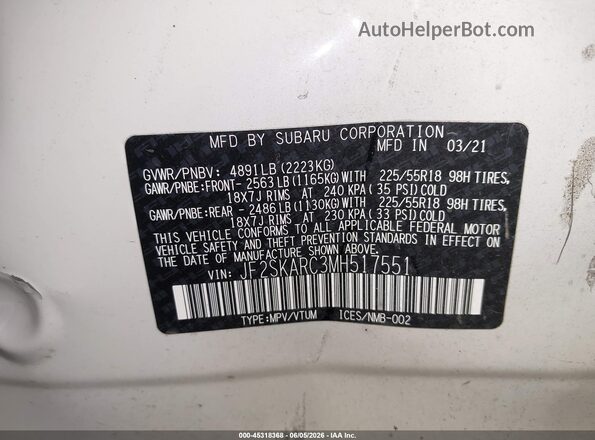 JF2SKARC3MH517551 2021 SUBARU FORESTER Белый Вид подкапотного пространства