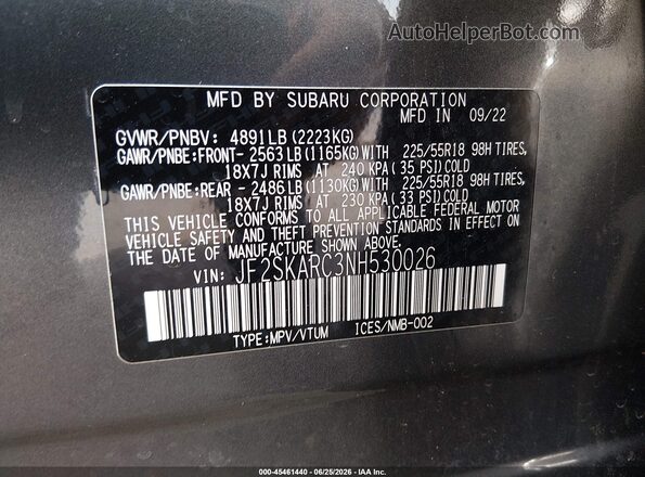 JF2SKARC3NH530026 2022 SUBARU FORESTER Gray Engine compartment view
