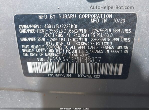 JF2SKARC6MH448807 2021 SUBARU FORESTER Silver ძრავის განყოფილების ხედი