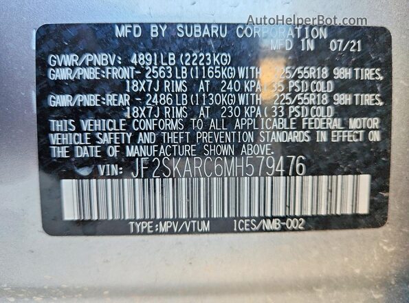 JF2SKARC6MH579476 2021 SUBARU FORESTER Silver ძრავის განყოფილების ხედი