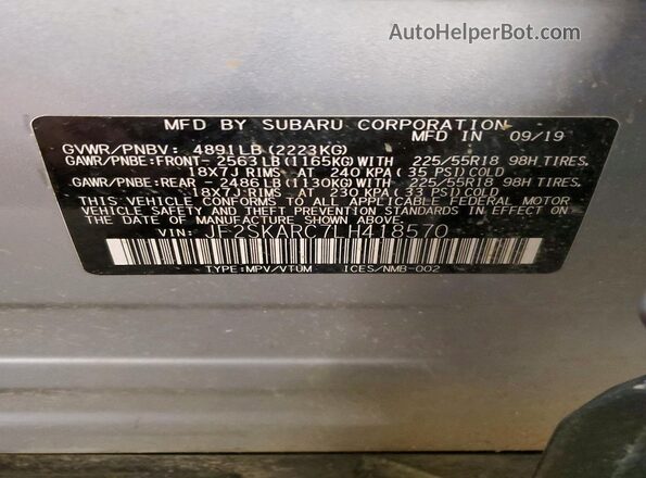 JF2SKARC7LH418570 2020 SUBARU FORESTER Серебряный Вид наклейки с VIN-кодом