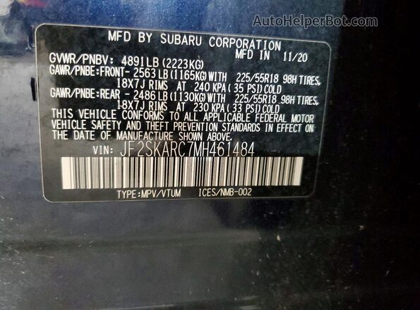 JF2SKARC7MH461484 2021 SUBARU FORESTER Blue 