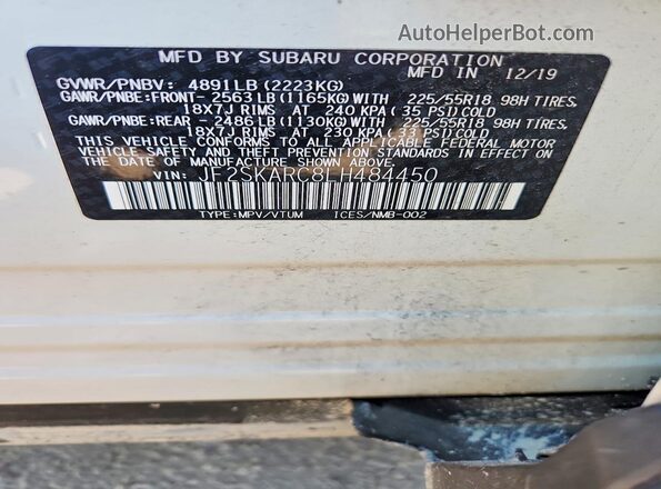 JF2SKARC8LH484450 2020 SUBARU FORESTER White Սալոնի 360 աստիճան տեսք