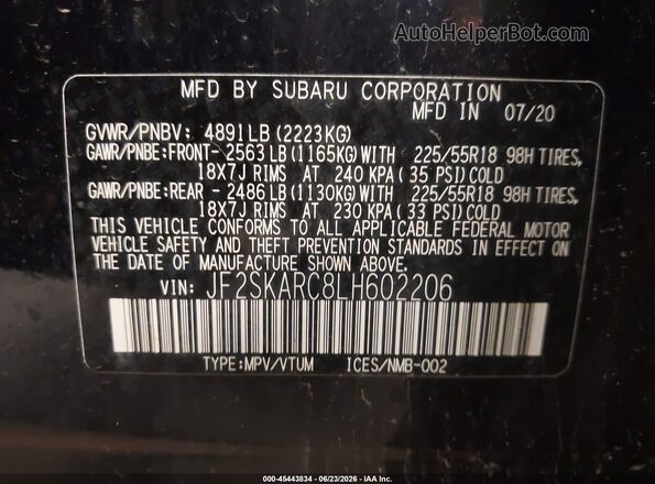 JF2SKARC8LH602206 2020 SUBARU FORESTER Blue Շարժիչի բաժամունքի տեսք