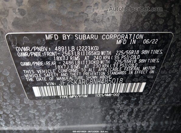 JF2SKARC8NH485018 2022 SUBARU FORESTER Gray Vista del compartimento del motor