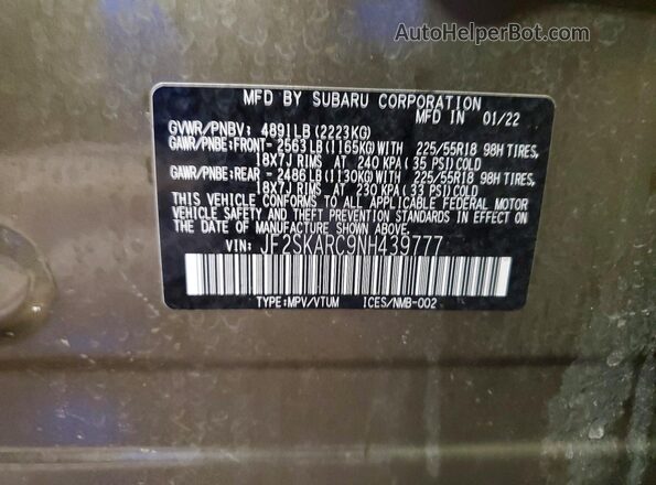 JF2SKARC9NH439777 2022 SUBARU FORESTER Green Widok naklejki z numerem VIN