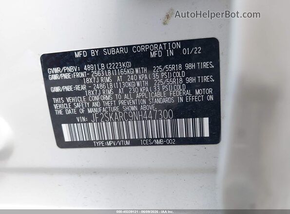 JF2SKARC9NH447300 2022 SUBARU FORESTER White ძრავის განყოფილების ხედი