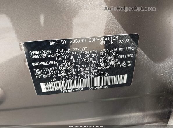 JF2SKARC9NH450066 2022 SUBARU FORESTER Gray Vista del compartimento del motor