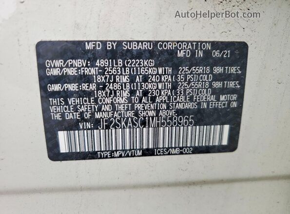 JF2SKASC1MH558965 2021 SUBARU FORESTER Белый Вид наклейки с VIN-кодом